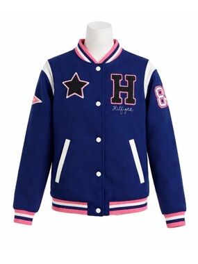Size XL (16) Tommy Hilfiger Girls Varsity Jacket Blue Pink Logo Letterman Snap